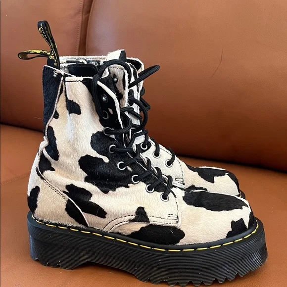 Dr. Martens Cow Print Piny Hair Platform Boots - Picture 2 of 5